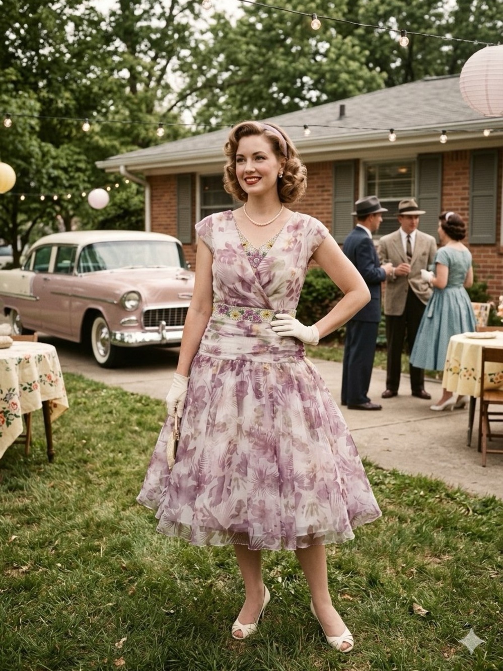 Vintage Lilac Floral Fit-and-Flare Prom Dress with V-Neck